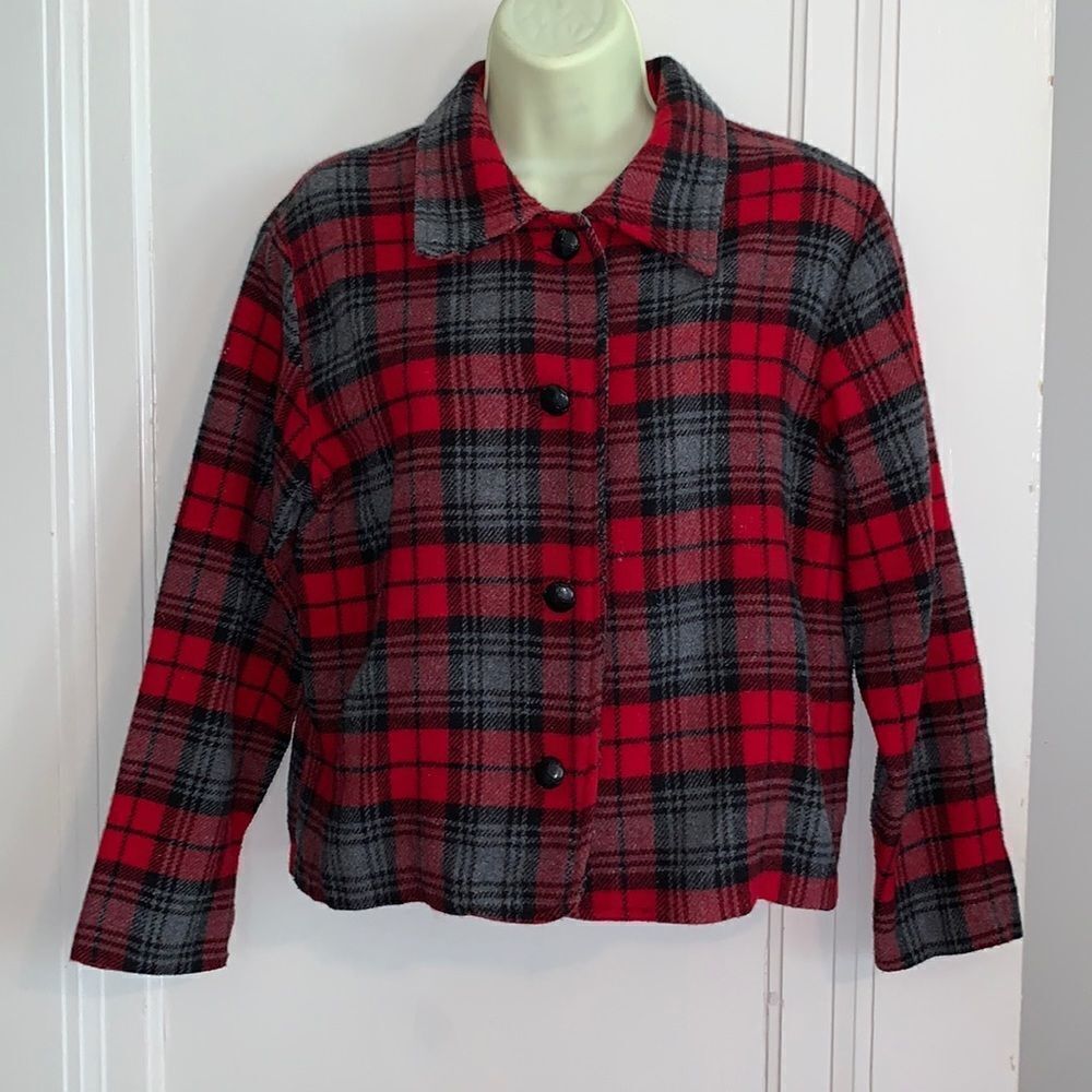 Vtg 90s Fresno Sport red & black‎ plaid wool short jacket